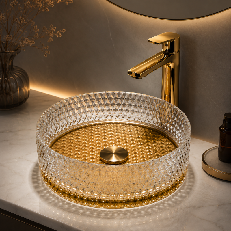 Verona lavatório Pousar vidro transparente c/fundo dourado